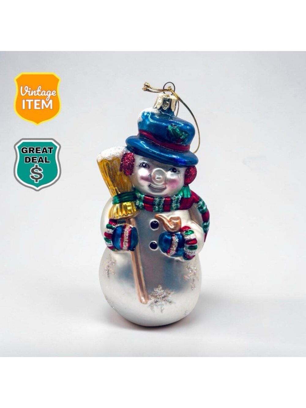 Vintage Old World Christmas Holiday Blown Glass Snowman Ornament.